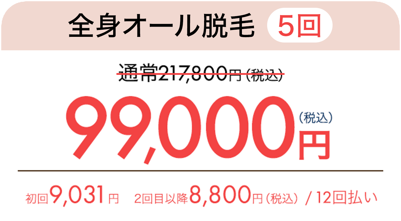 全身オール脱毛（5回） 通常217,800円（税込）が99,000円（税込）　初回9,031円、2回目以降8,800円（税込）/ 12回払い