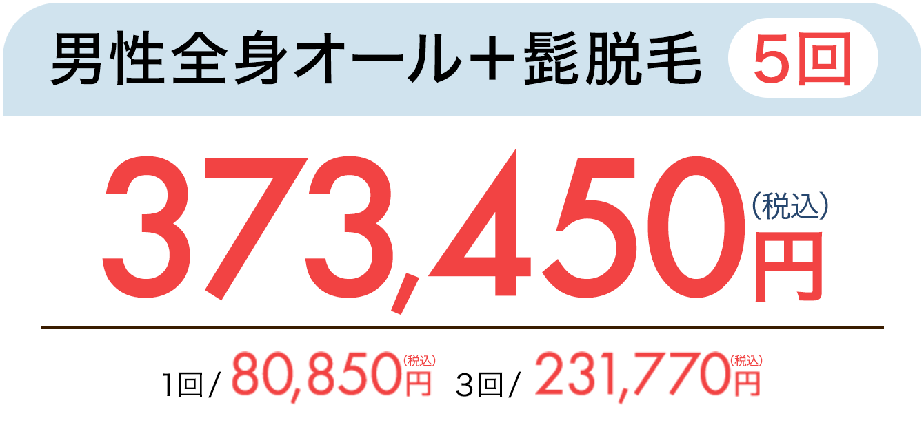 男性全身オール＋髭脱毛（5回）　373,450円（税込）1回80,850円、3回231,770円（税込）