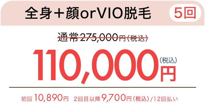 全身脱毛＋顔＋VIO（5回）　通常297,000円（税込）が165,000円（税込）　初回15,785円、2回目以降14,600円（税込）/ 12回払い